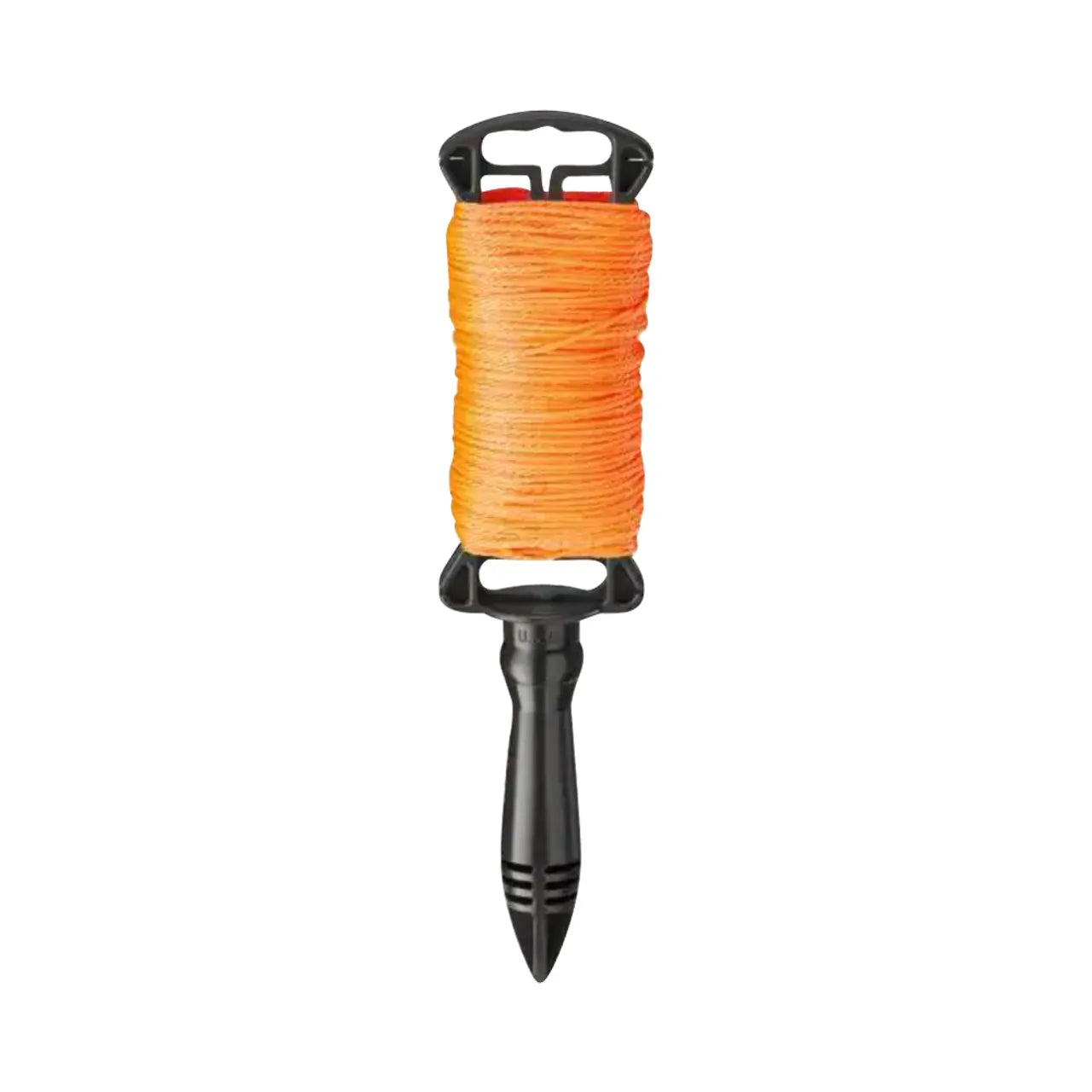 The Go Build 250 ft. Orange Twisted Line with Reel features a bright line neatly wound around a black handle with a pointed end, designed for easy unwinding and placement.